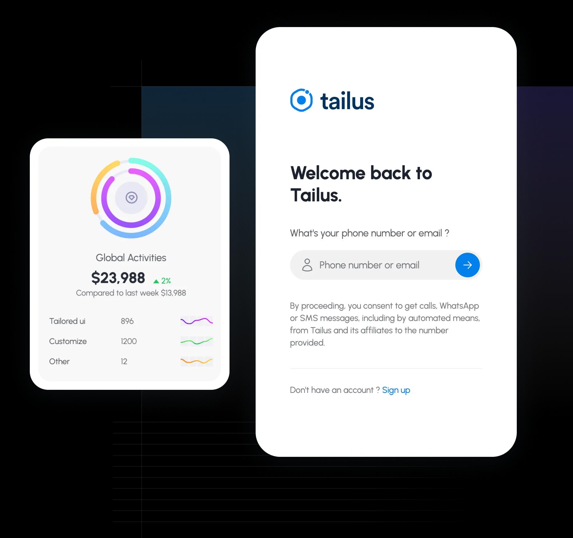 tailus stats and login components